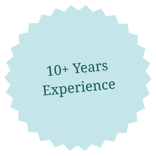 Light blue badge with jagged edges reading '10+ Years Experience'.