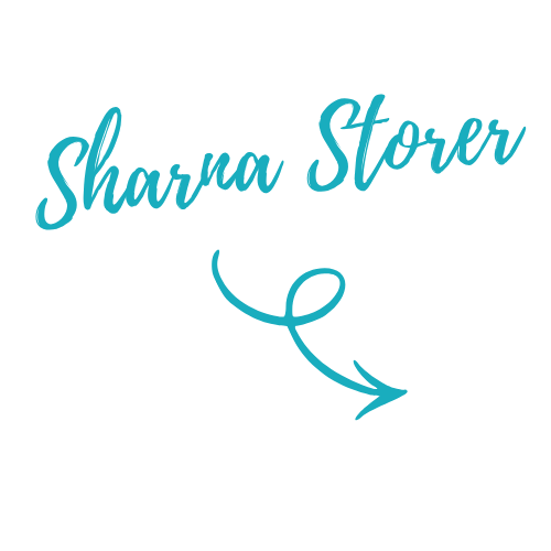 The image features the words 'Sharna Storer' written in blue cursive font and an arrow pointing downward.