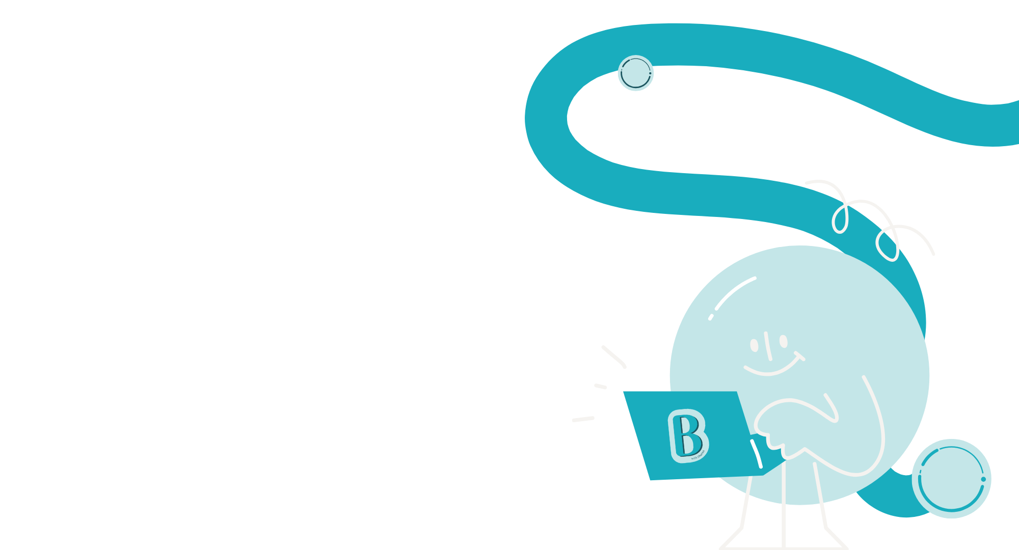 Cartoon of a baby with a round face, smiling, wearing a blue beanie with the letter B, drinking from a bottle with a smiling face, with a blue ribbon or ribbon-like element above.