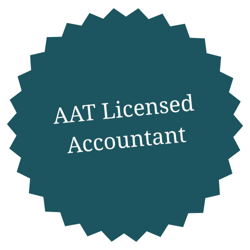 A seal-shaped badge with a dark teal background and white text that reads 'AAT Licensed Accountant'.