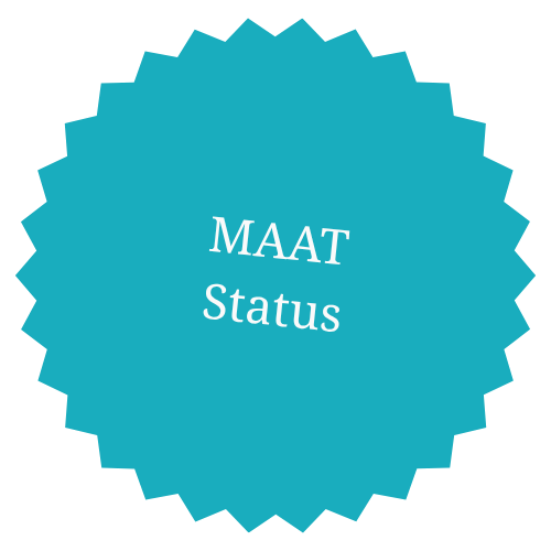 A blue badge with a spiked border that reads "MAAT Status" in white text.