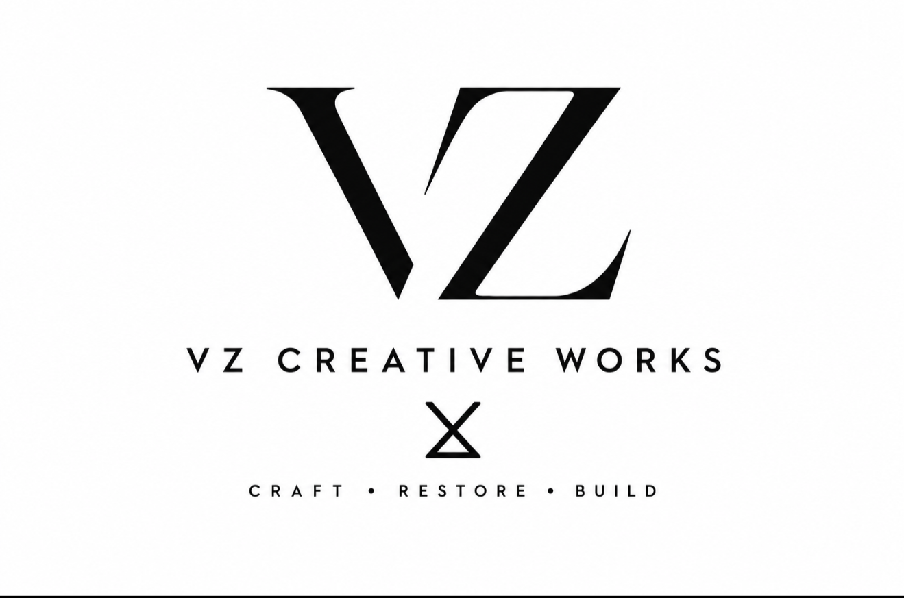 Black logo with stylized 'VZ' and text 'VZ CREATIVE WORKS' beneath, followed by words 'CRAFT', 'RESTORE', and 'BUILD' separated by dots.