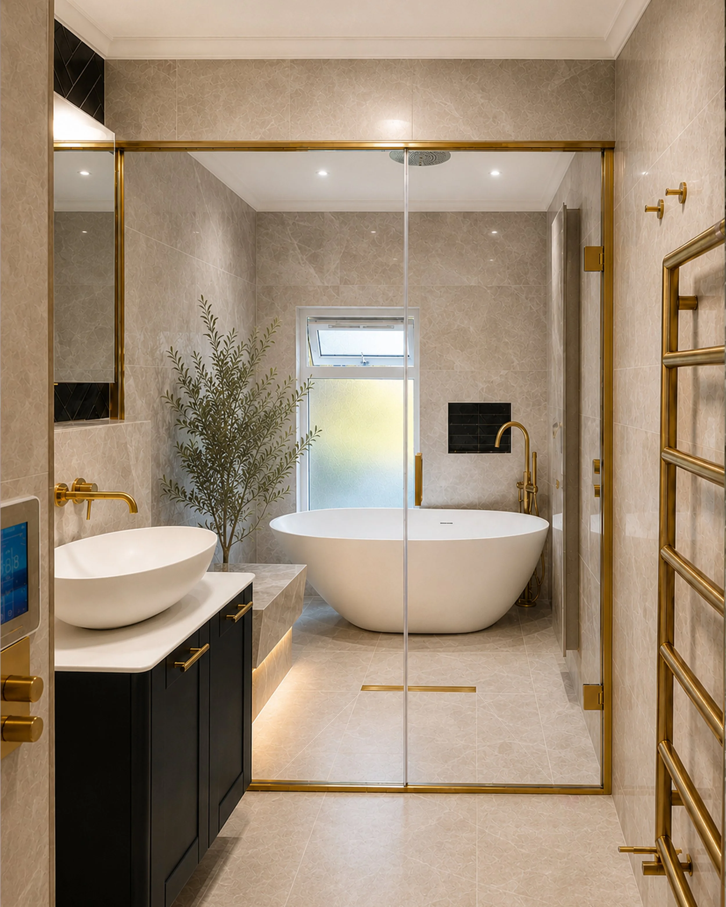 Modern bathroom with beige tiled walls and floor, a black vanity with two vessel sinks, gold fixtures, a freestanding bathtub, a small window, and other gold accents.