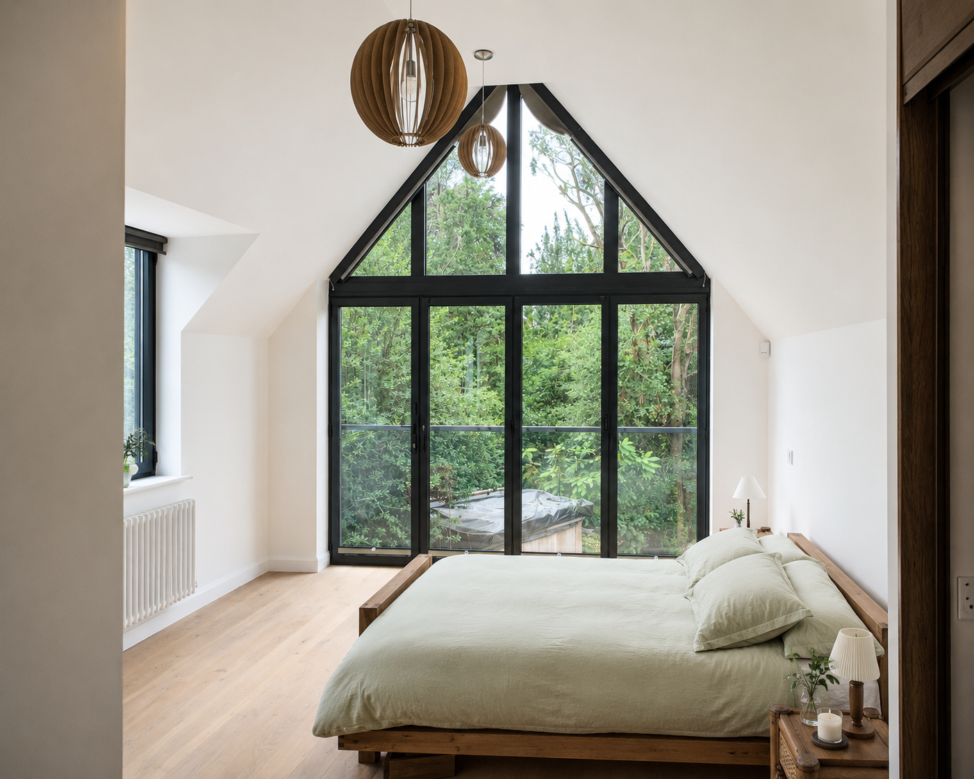 A bedroom with a large triangular window and sliding doors, a bed with white linens, a nightstand with a lamp, candles, and a plant, and a pendant light fixture hanging from the ceiling.