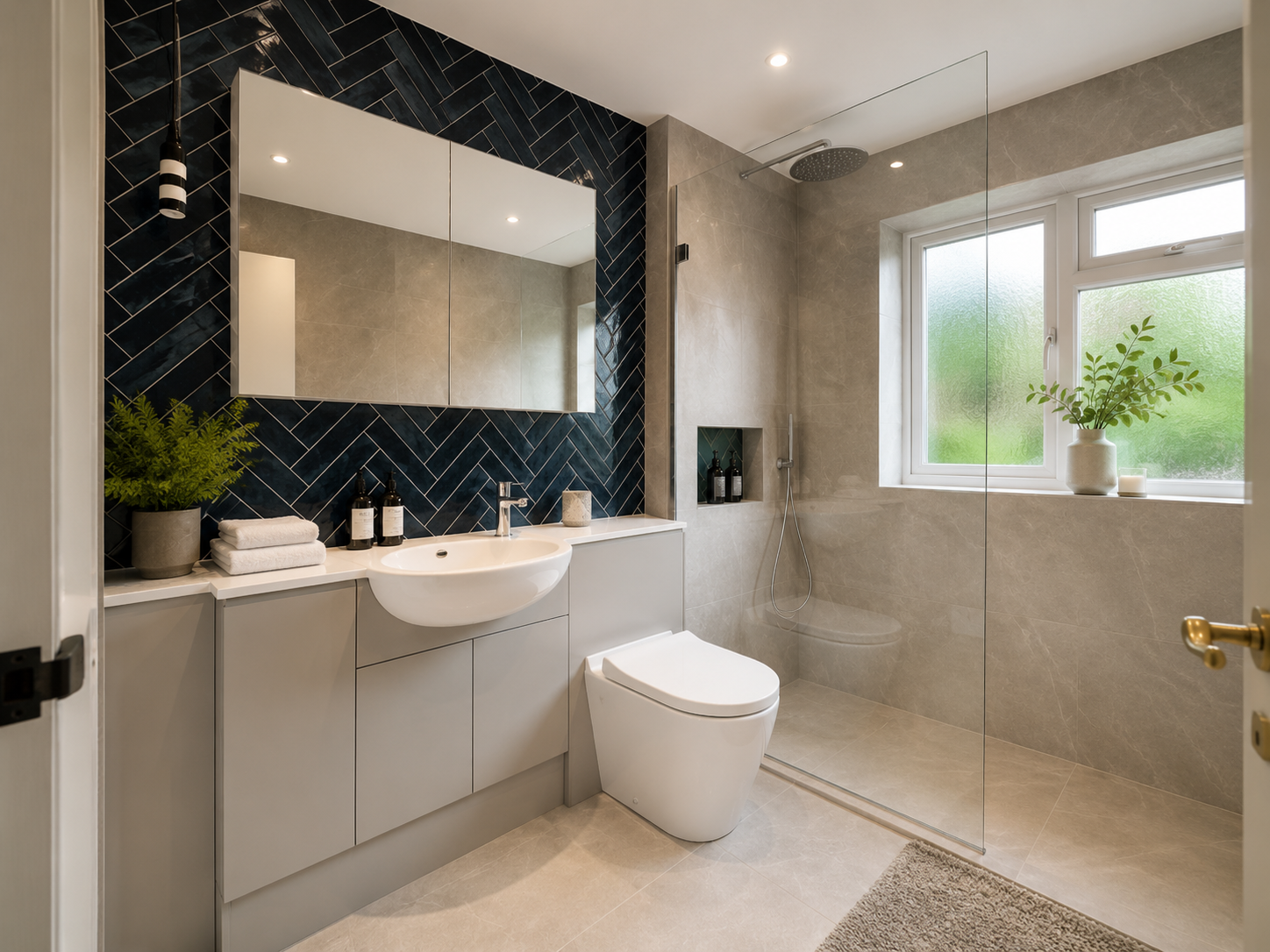 Modern bathroom with a white vanity, a large mirror, black and beige tile accents, a walk-in shower with a glass partition, a window with potted plants, and minimal decor.