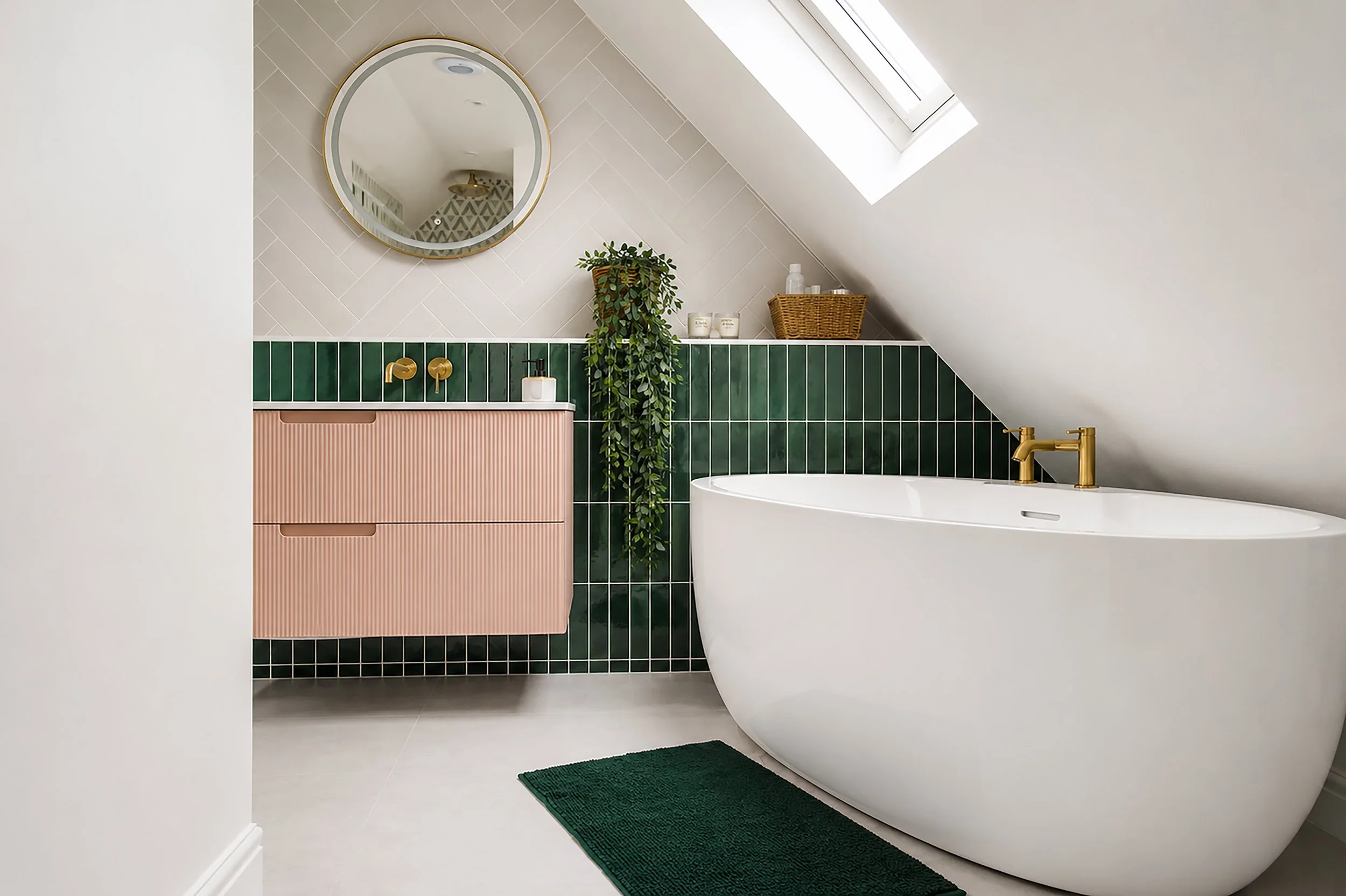A modern bathroom with a sleek, oval freestanding bathtub and gold fixtures. Above the tub is a skylight window, providing natural light. The wall features a two-tone tile design with dark green tiles below and light beige tiles above. There is a dark green rug on the white floor, a pink textured cabinet with a white soap dispenser, a hanging plant, and a small shelf holding candles and toiletries. A round mirror hangs on the wall.