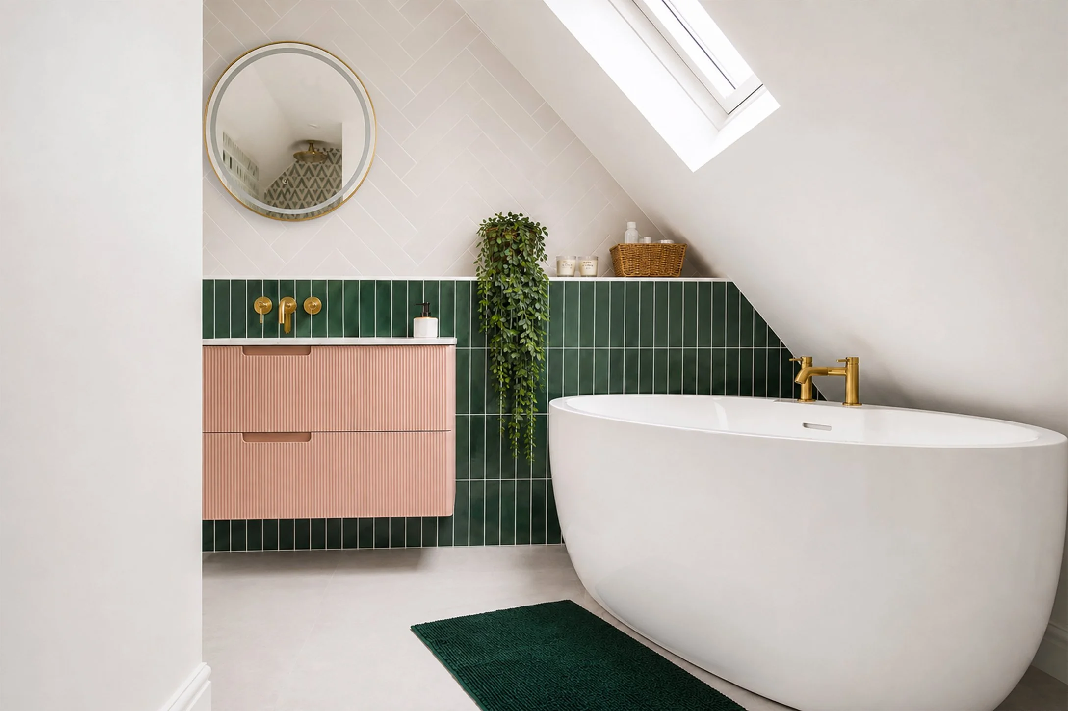 beautiful bathroom textured forest green tiles geometric luxury bath pink joinery faversham studio jetset limited cabinet sink loft conversion