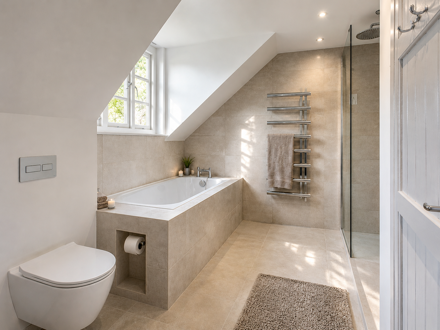 Modern bathroom with beige tiles, a bathtub by a window, a wall-mounted toilet, candles, a towel rack, and a glass shower enclosure.