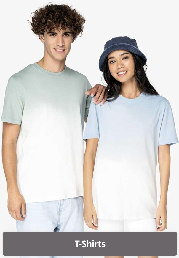 A young man and woman posing together, both wearing light-colored ombre T-shirts, with the woman also wearing a blue bucket hat, against a plain white background.