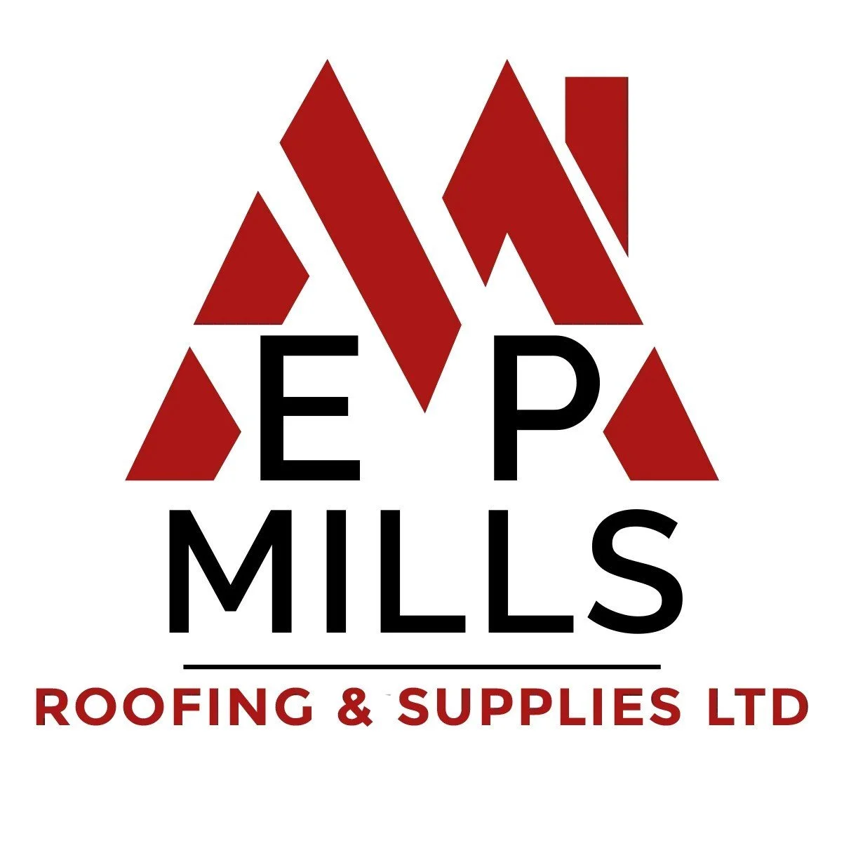 Logo for E P Mills Roofing & Supplies Ltd featuring geometric red triangles forming a stylized roof with black and red text.