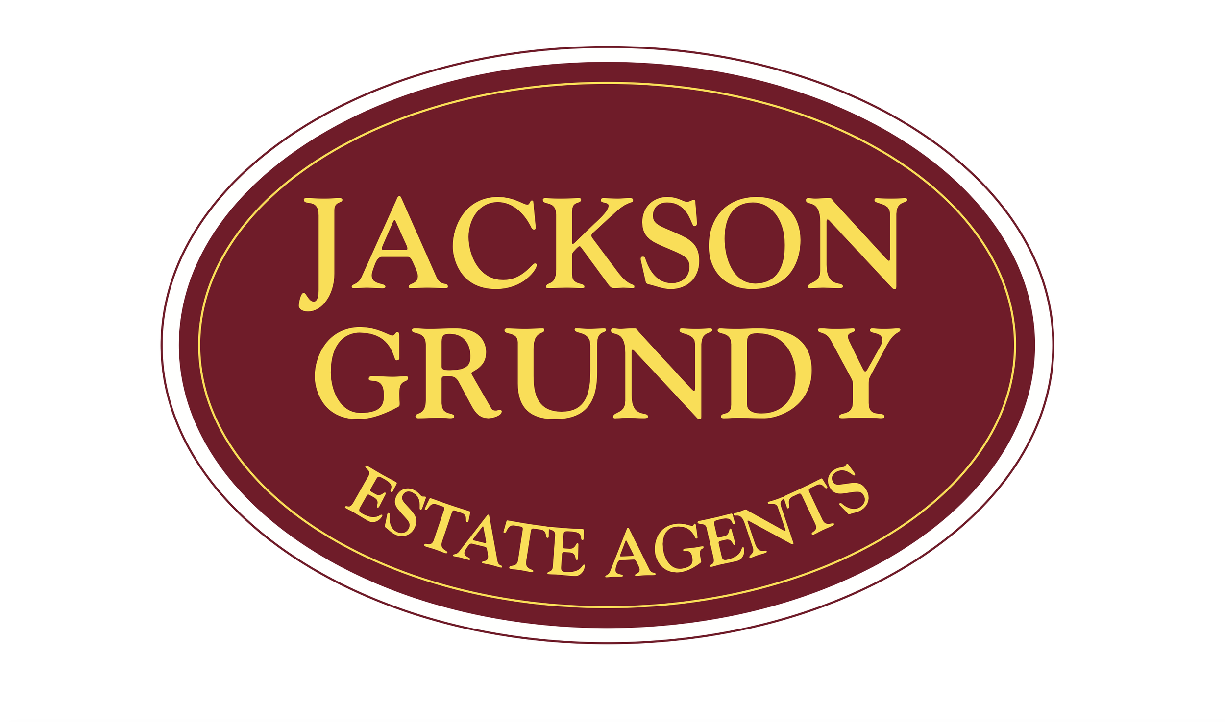 Logo for Jackson Grundy estate agents, featuring a maroon oval with yellow text.