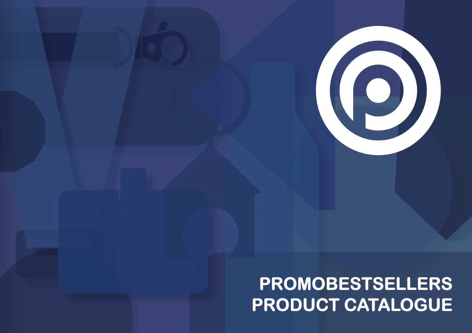 Cover page of Promobestsellers Product Catalogue featuring a blue geometric background, a white spiral logo, and the text 'PROMOBESTSELLERS PRODUCT CATALOGUE'.