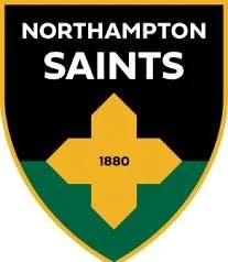 Northampton Saints rugby team logo with black, yellow, green, and white colors, featuring a cross and the year 1880.