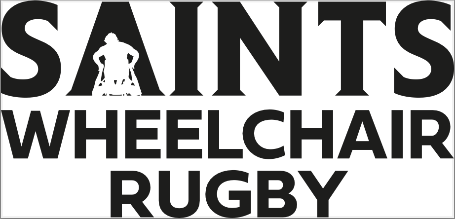 Logo for Saints Wheelchair Rugby with the word 'SAINTS' in large letters and a silhouette of a person in a wheelchair between the 'A' and 'I'.