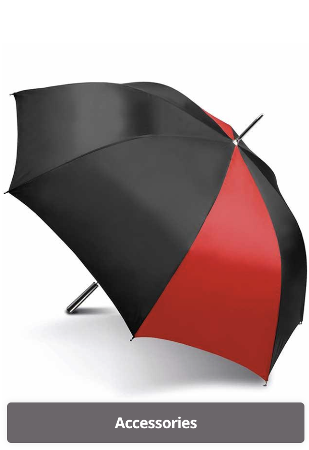 Black and red folding umbrella with metal handle and ribs, labeled as 'Accessories'.