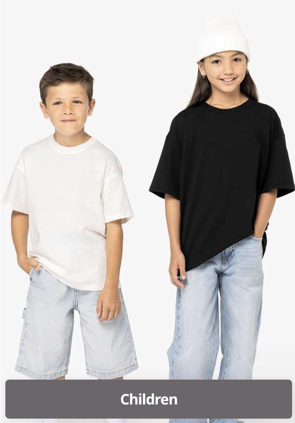 A boy and a girl standing side by side, smiling, with the boy wearing a white t-shirt and light shorts, and the girl wearing a black t-shirt, light jeans, and a white beanie.