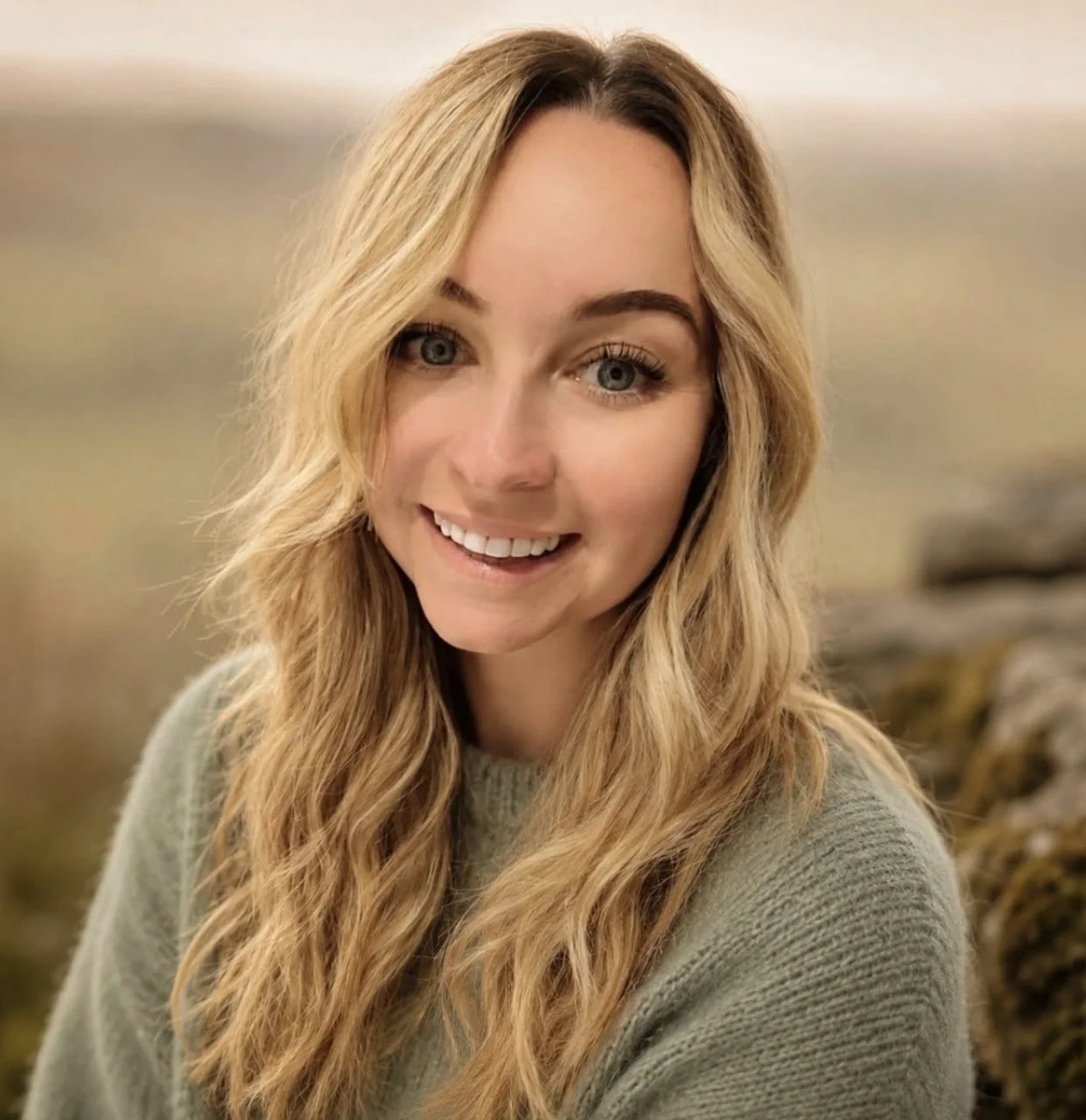 A young woman with long, wavy blonde hair smiling outdoors.