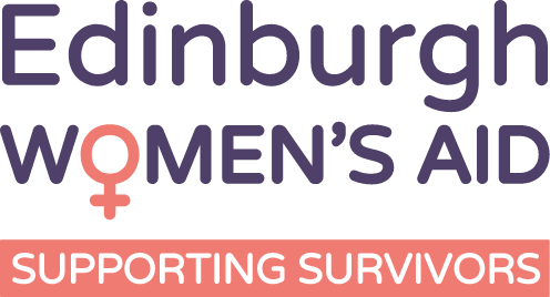 Logo with the words 'Edinburgh Women's Aid' at the top, a female gender symbol in pink below, and a pink banner with white text that reads 'Supporting Survivors' at the bottom.