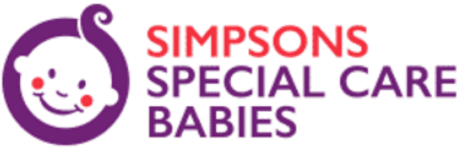 Logo for Simpsons Special Care Babies featuring a purple smiling baby face with a pacifier and the text 'Simpsons Special Care Babies' with 'Simpsons' in red and other words in purple and yellow