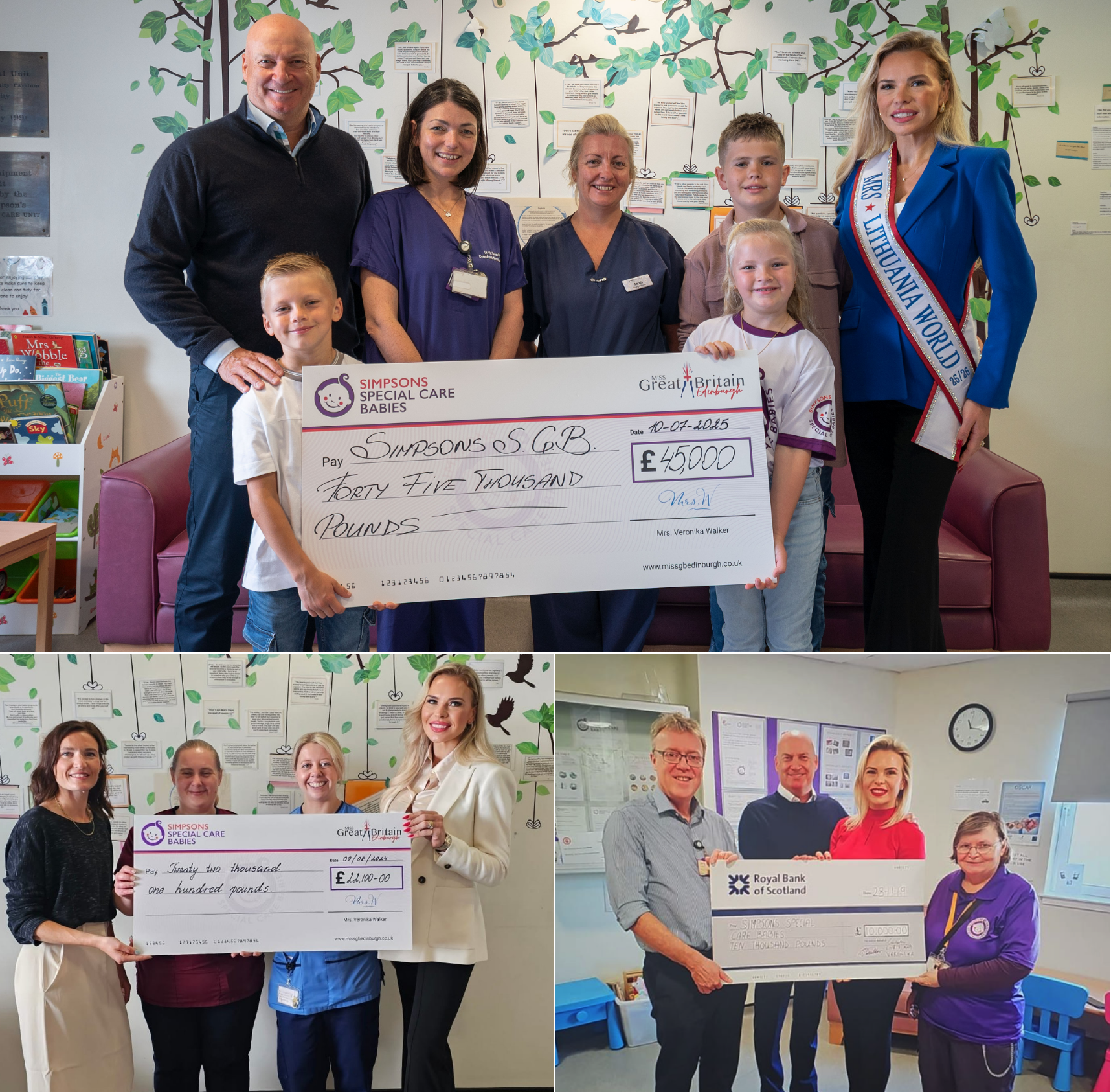 People presenting large ceremonial checks for charity donations in various settings.