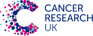 Logo for Cancer Research UK featuring a stylized DNA helix made of pink, purple, and blue dots with the organization name in blue text