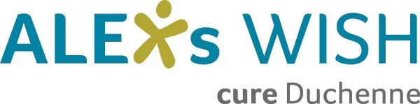 Logo with the text 'ALEX's WISH cure Duchenne' featuring a stylized figure in the middle of 'ALEX's'.