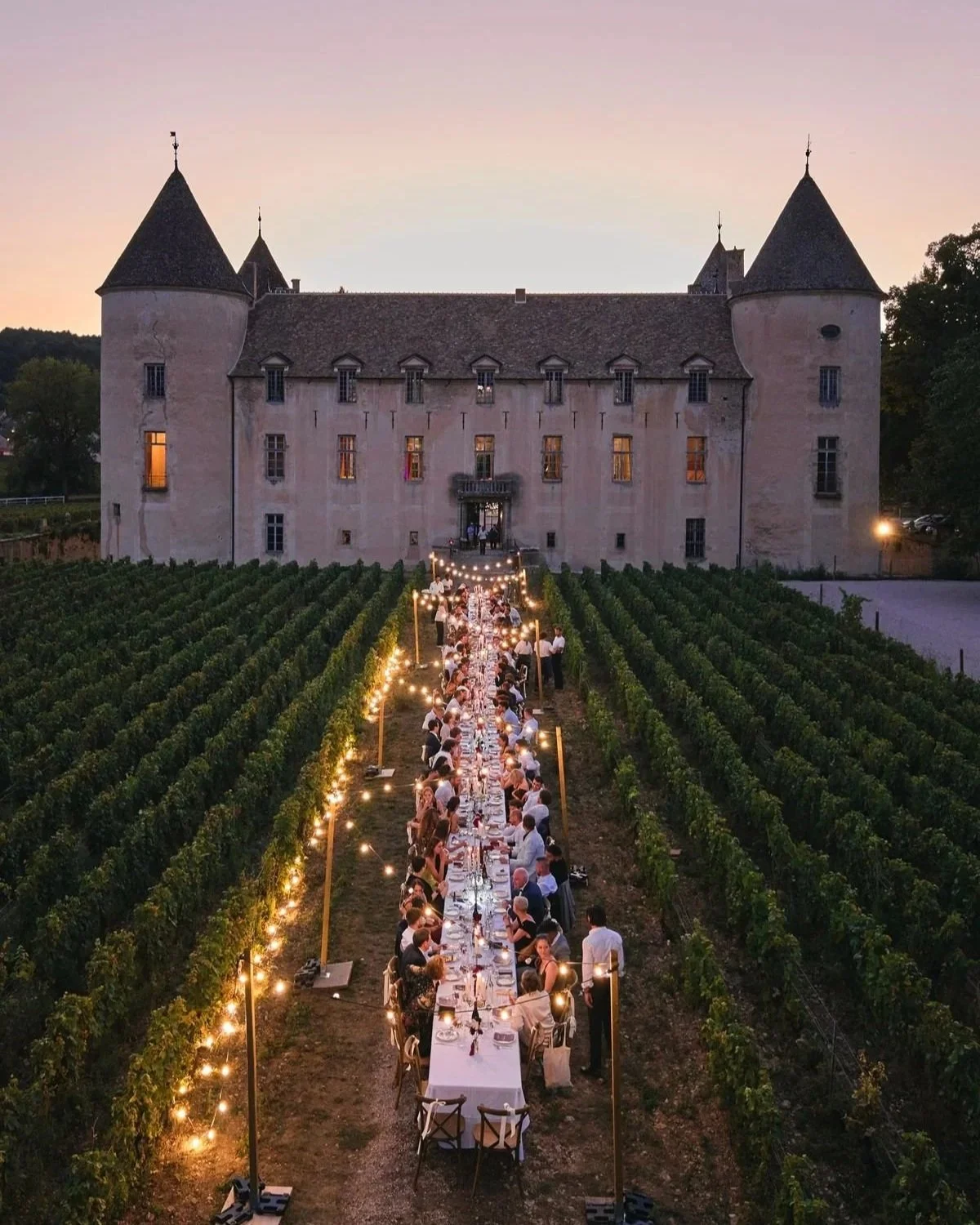 Long outdoor dinner table with people, string lights, set in a vineyard in front of a castle at dusk.