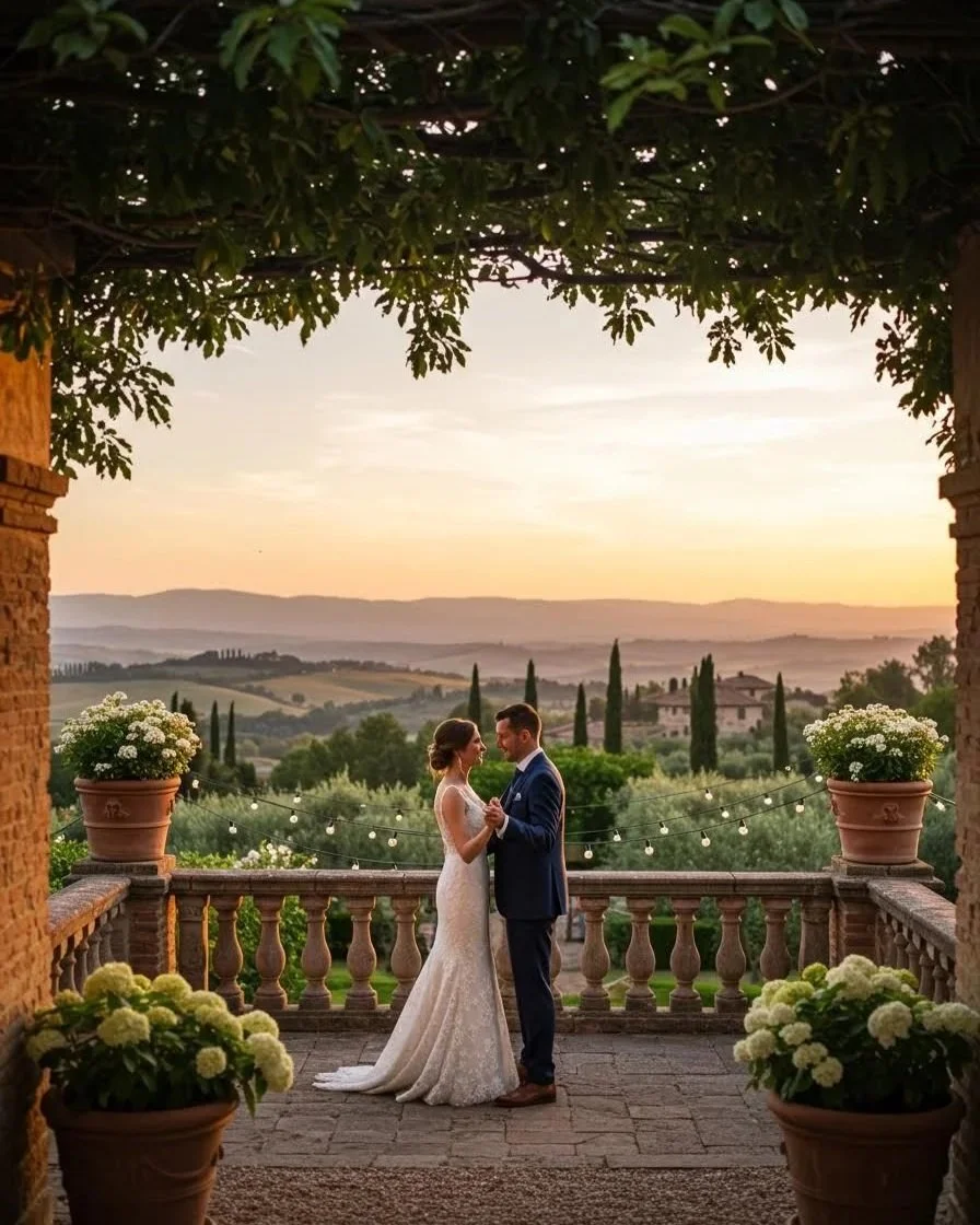 A bride and groom standing close together on a balcony with a scenic view of rolling hills and cypress trees at sunset, surrounded by potted white flowers.