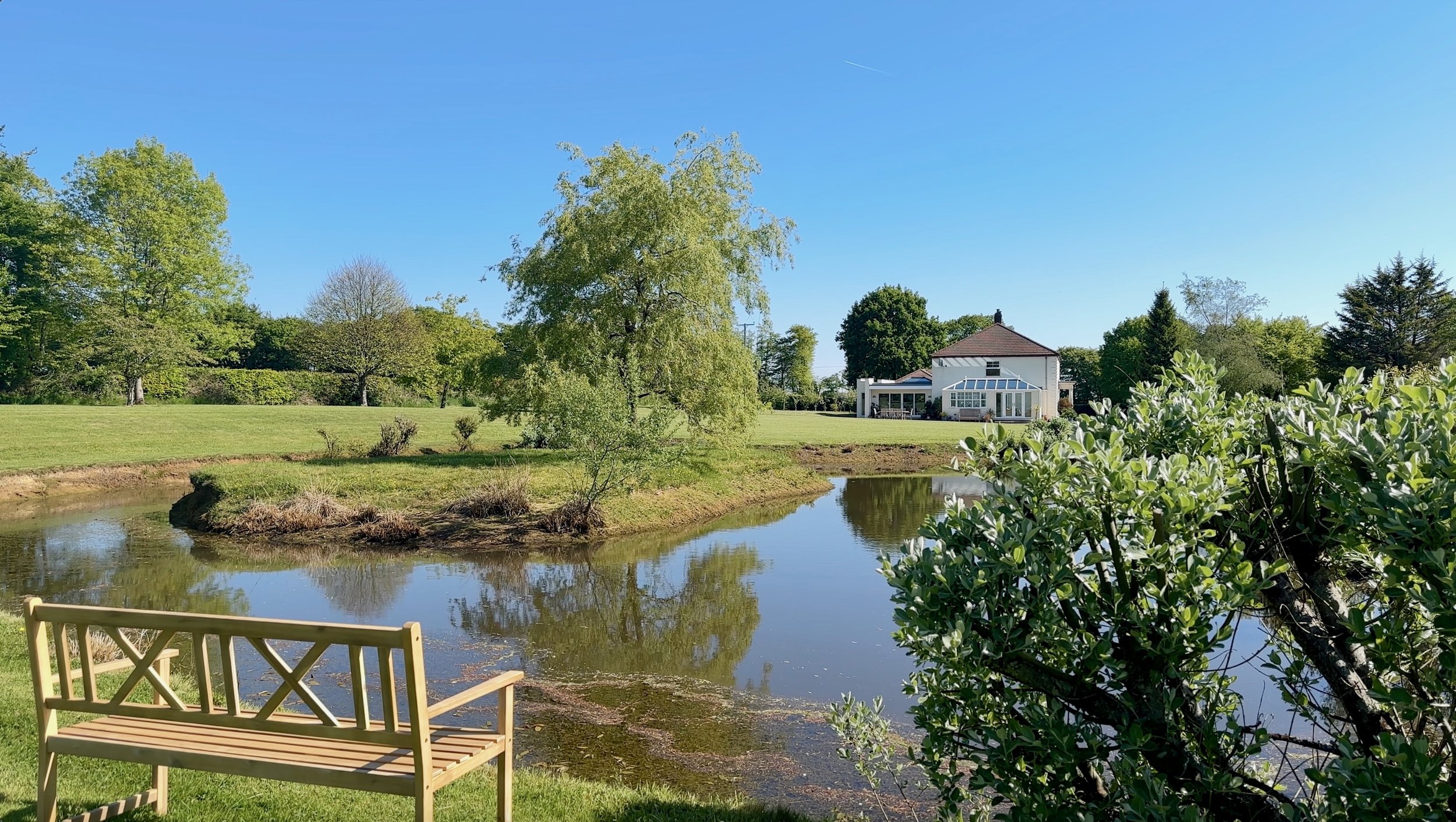A serene landscape with a pond in the foreground, green trees, and a white house with a porch and large windows in the background under a clear blue sky.