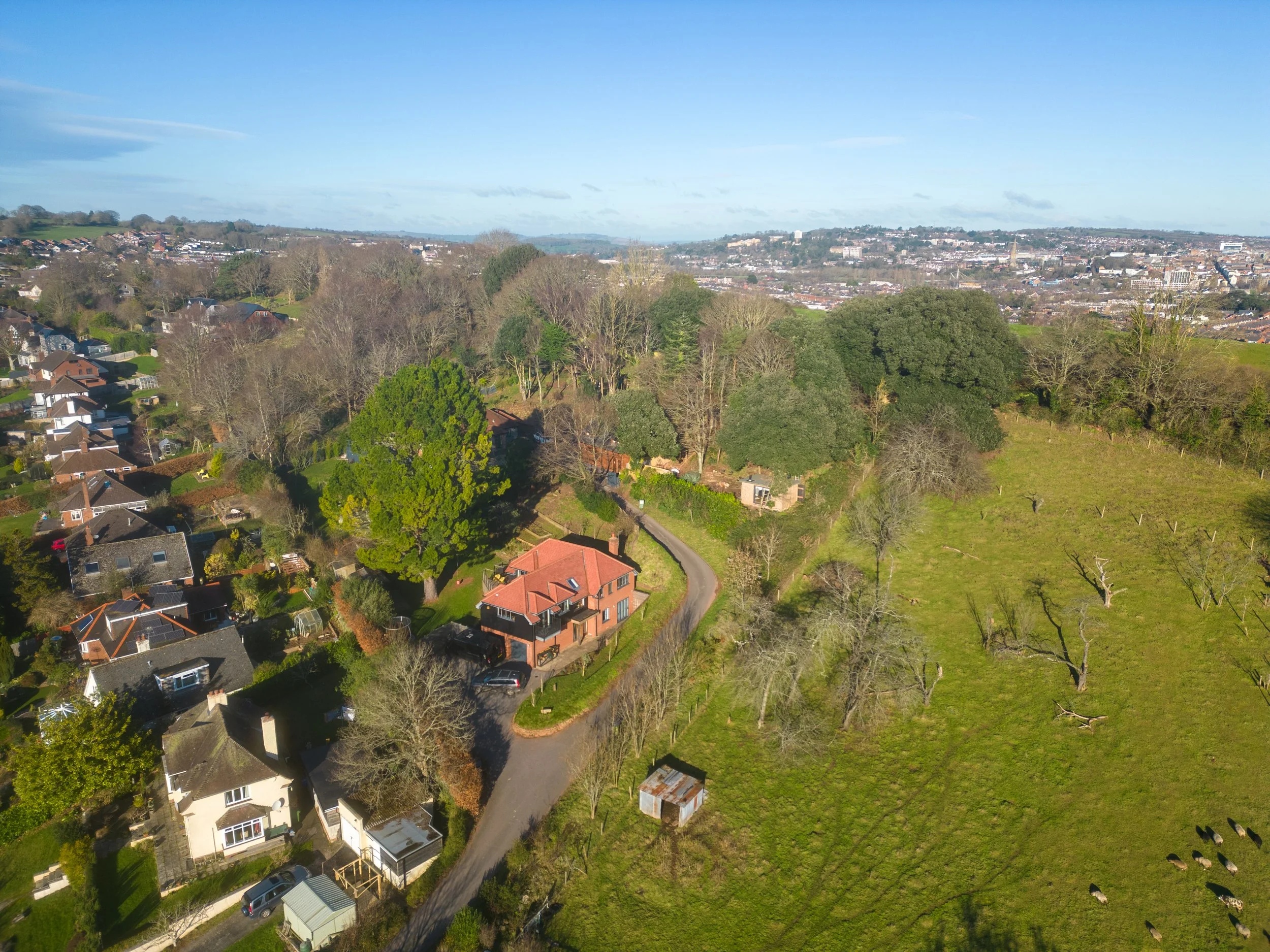 Aerial drone view of an urban property in Devon.