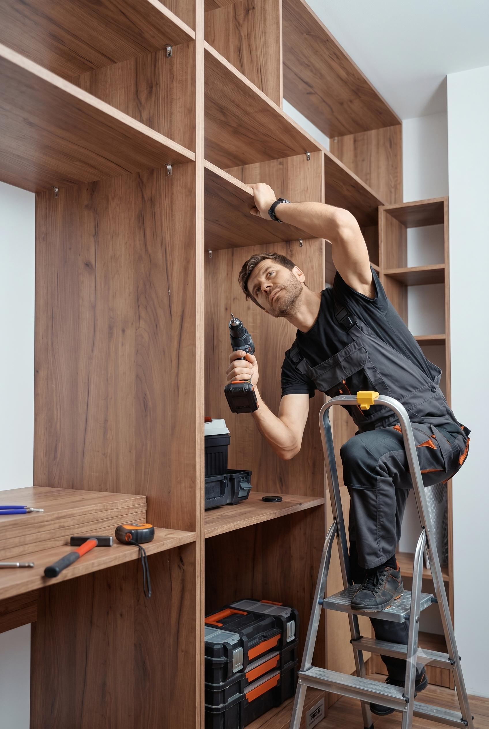 A man standing on a step ladder assembling wooden shelving units in a room, holding a drill in his right hand, with various hand tools and toolboxes nearby.