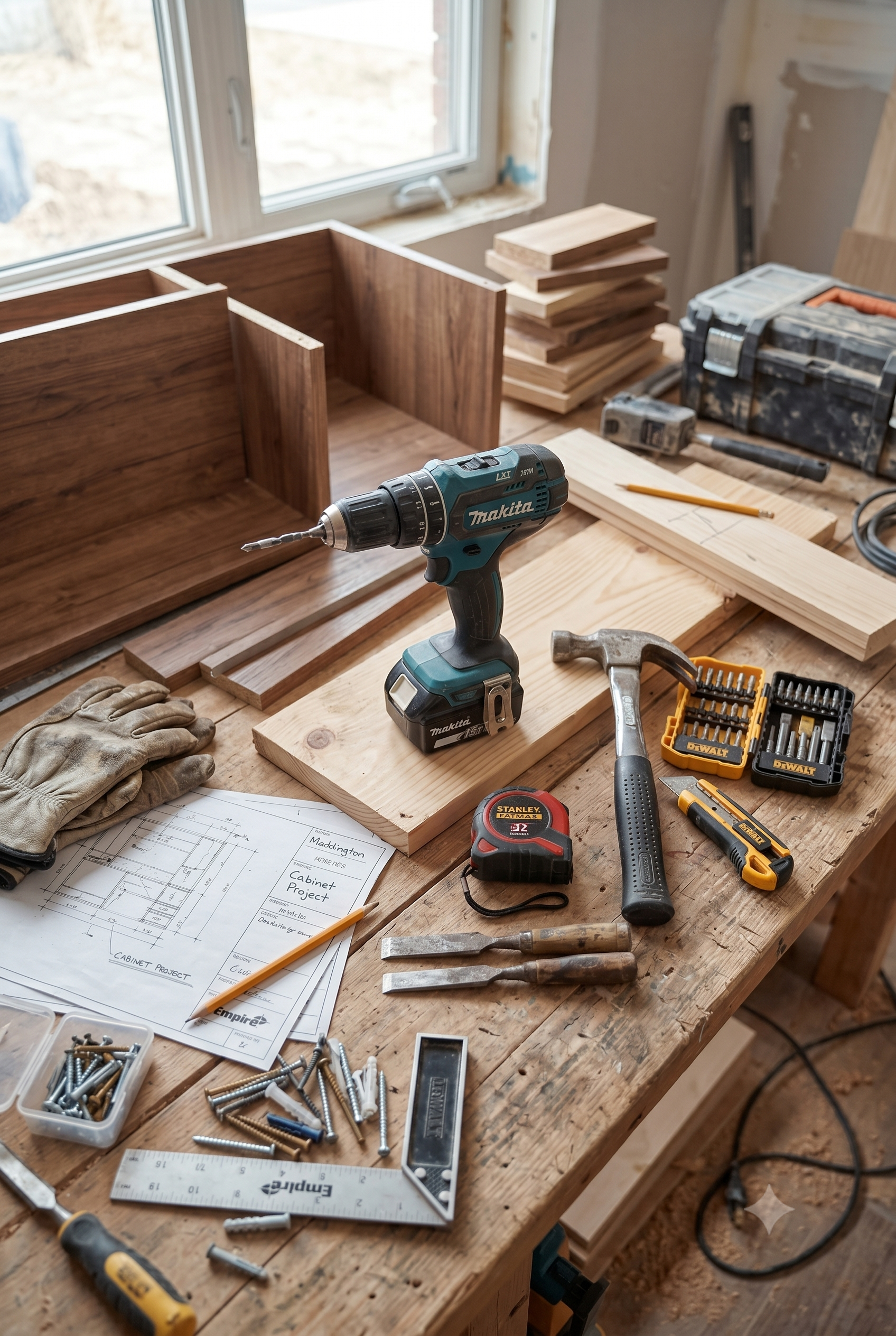 A woodworking workshop with tools, screws, bolts, a cordless drill, a hammer, a ruler, and a detailed cabinet project plan spread out on a wooden workbench. There are several pieces of wood and a toolbox nearby, with a window in the background.