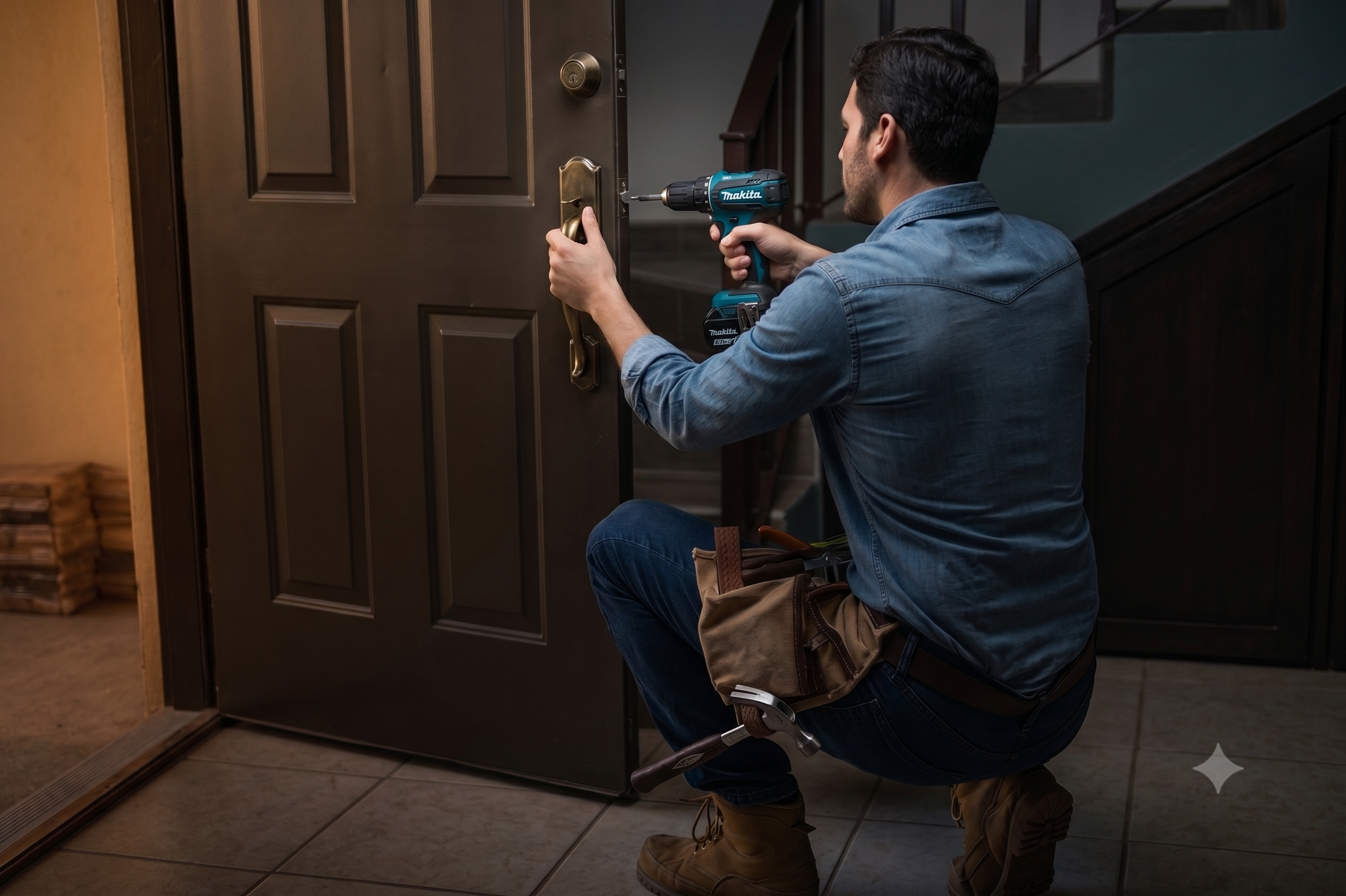 Man installing a new doorknob on a front door with a cordless drill.