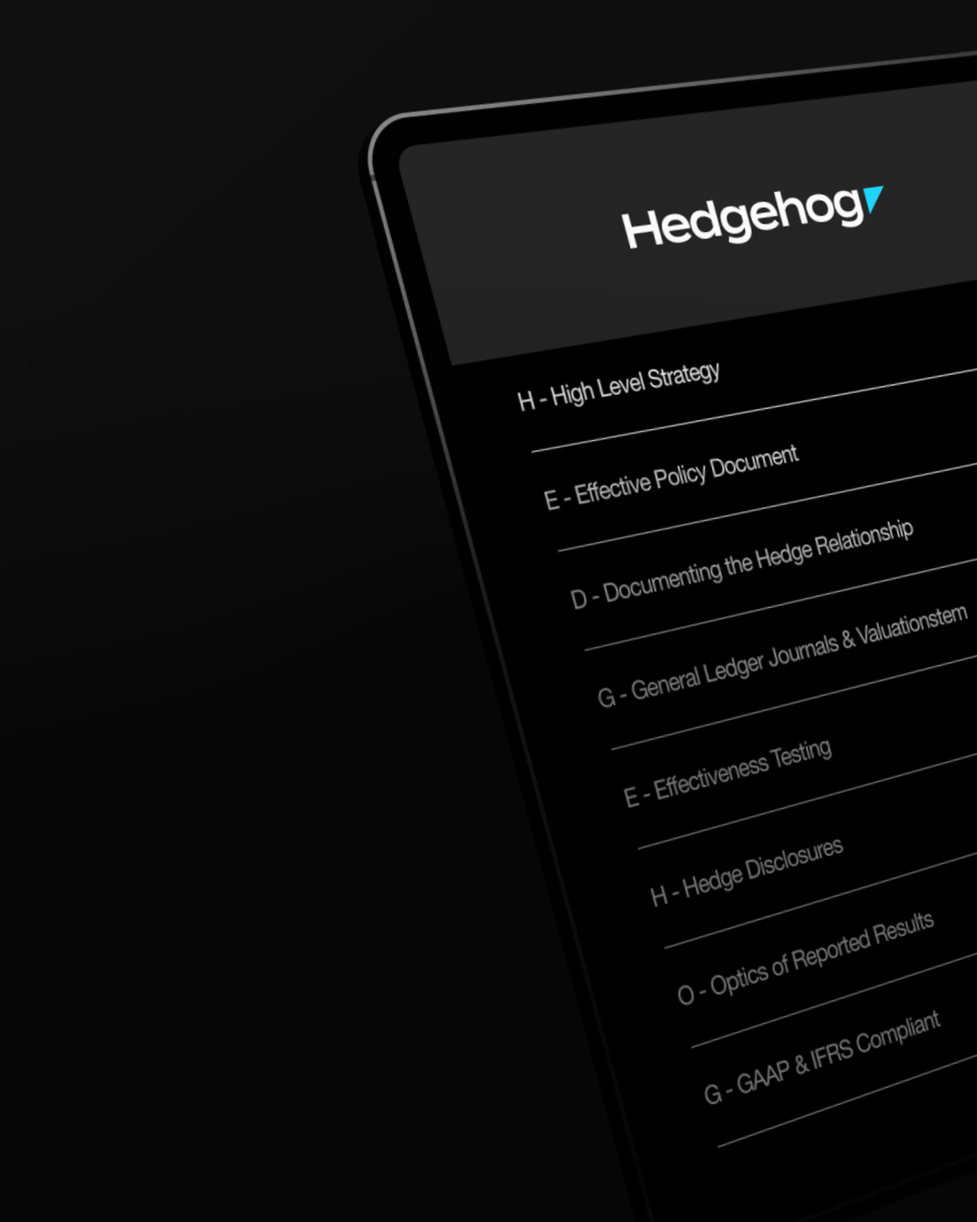 Close-up of a black smartphone screen displaying a document titled 'Hedgehog' with sections on strategy, policy, ledger journals, testing, disclosures, reports, and compliance.
