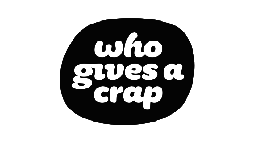 Black circle with white text that says 'who gives a crap' in a playful font.
