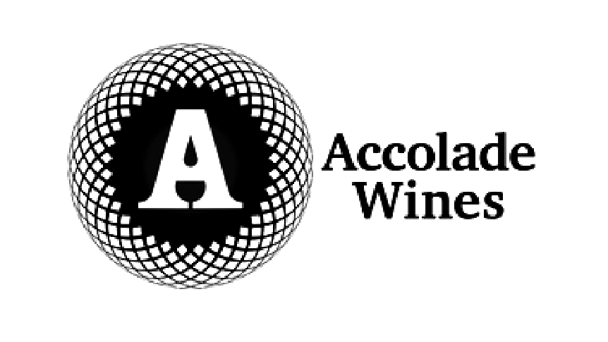 Logo of Accolade Wines featuring a stylized dog face with a droplet and a dotted spherical background.