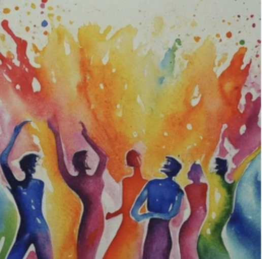 Colorful illustration of six dancing figures against a vibrant, multicolored background with splashes of paint.