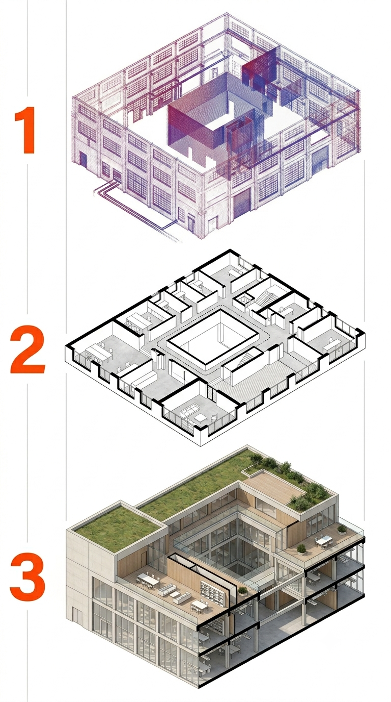 Three layered architectural illustrations of a modern house: 1) a transparent wireframe exterior view, 2) a black and white floor plan of the interior layout, 3) a colored, three-dimensional cross-section view showing the interior design and outdoor rooftop garden.