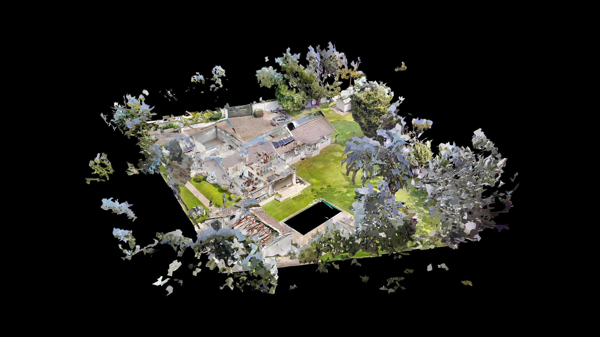 Aerial view of a residential property with houses, green lawns, trees, and a driveway, rendered from a 3D scanning or photogrammetry perspective.