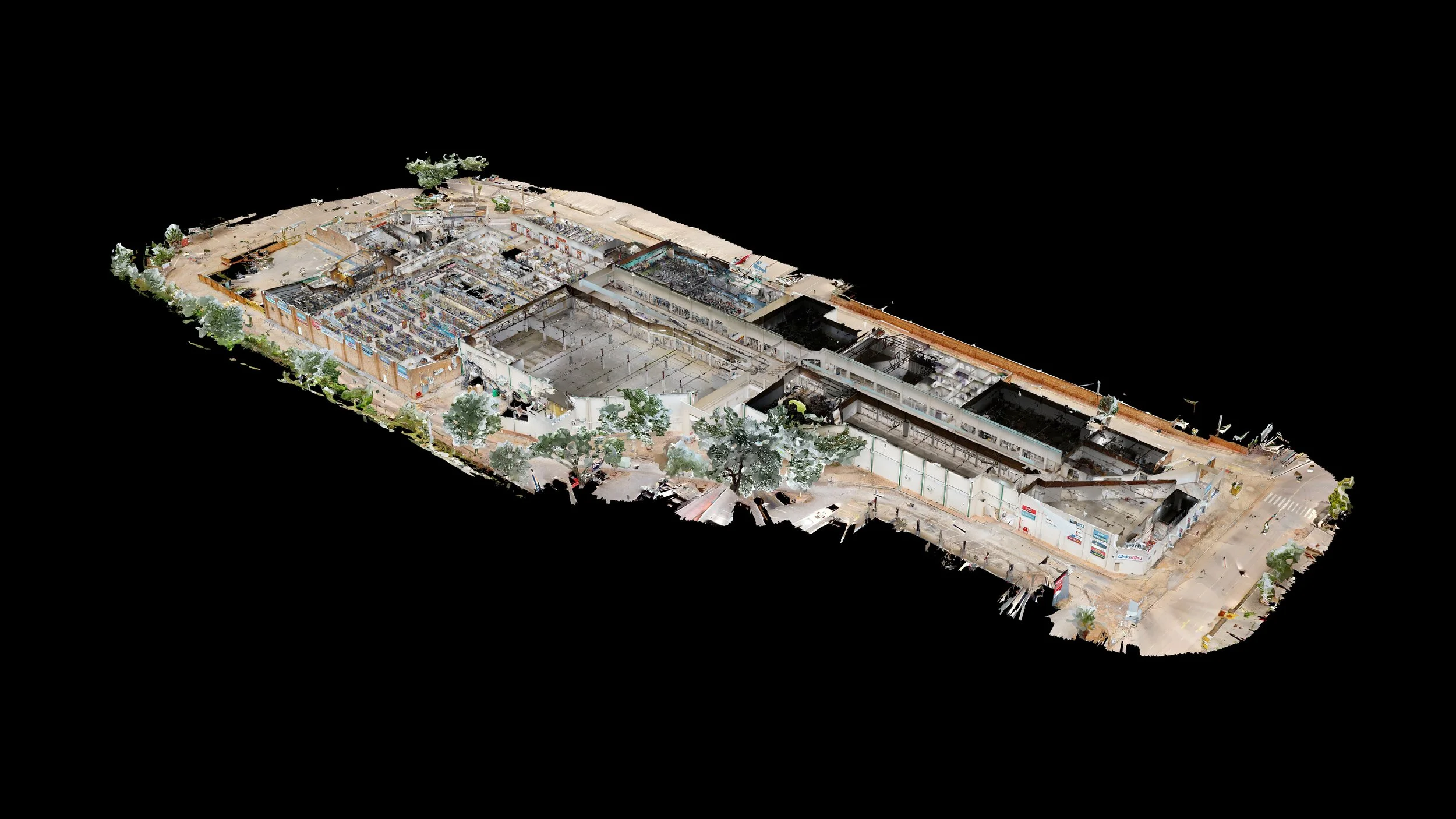 A 3D aerial view of a large retail shopping center with multiple store entrances, parking lot, and surrounding trees, captured from above against a black background.