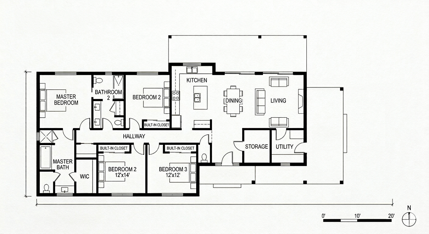Floor plan of a house with multiple rooms including a master bedroom with walk-in closet and master bath, two additional bedrooms, bathrooms, a hallway connecting the bedrooms, a kitchen, dining area, living room, storage, utility room, and outdoor areas.