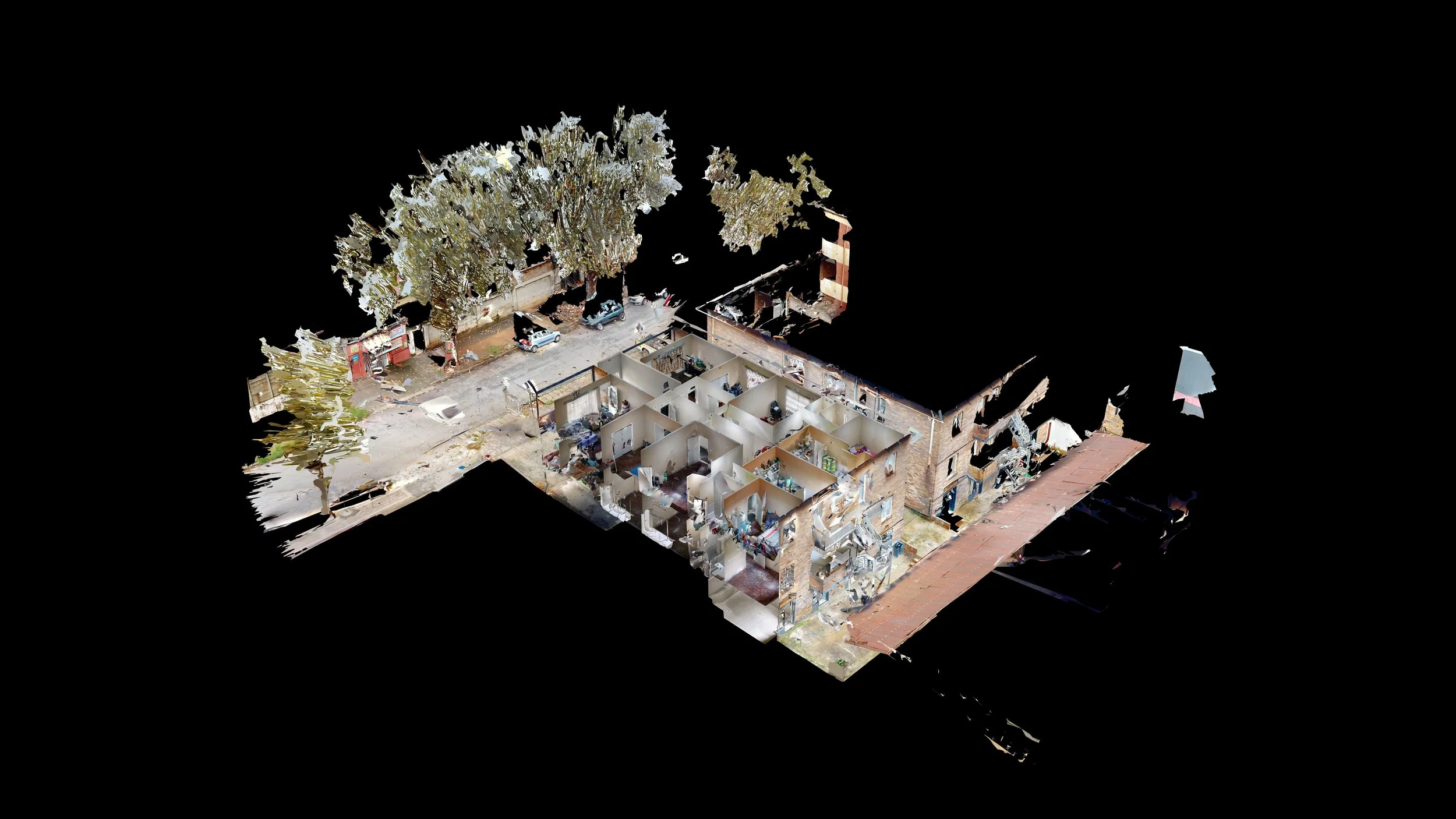 A 3D point cloud of a building with several rooms and trees outside.