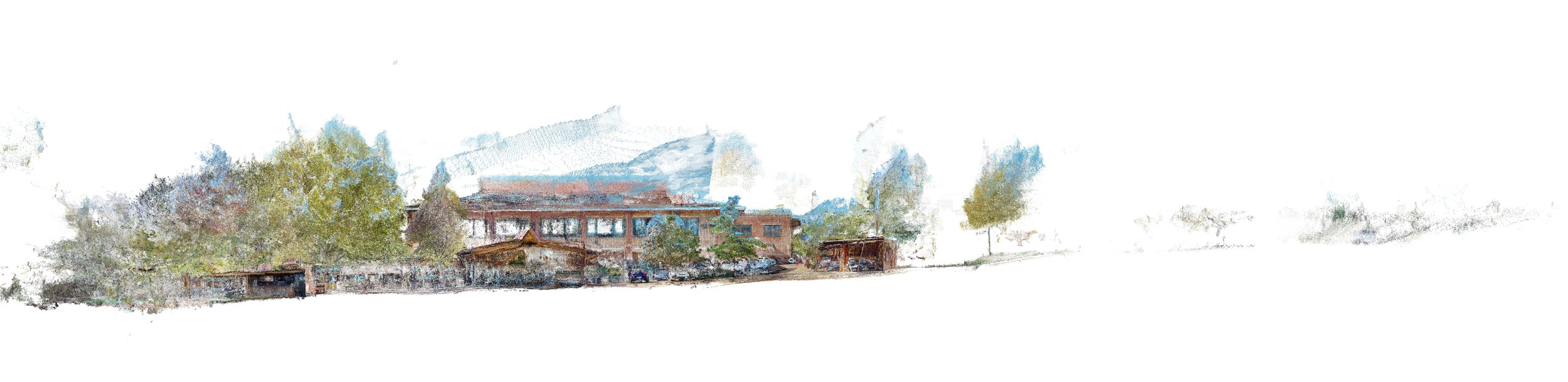 A watercolor-style illustration of a residential house with trees, parked cars, and a driveway.