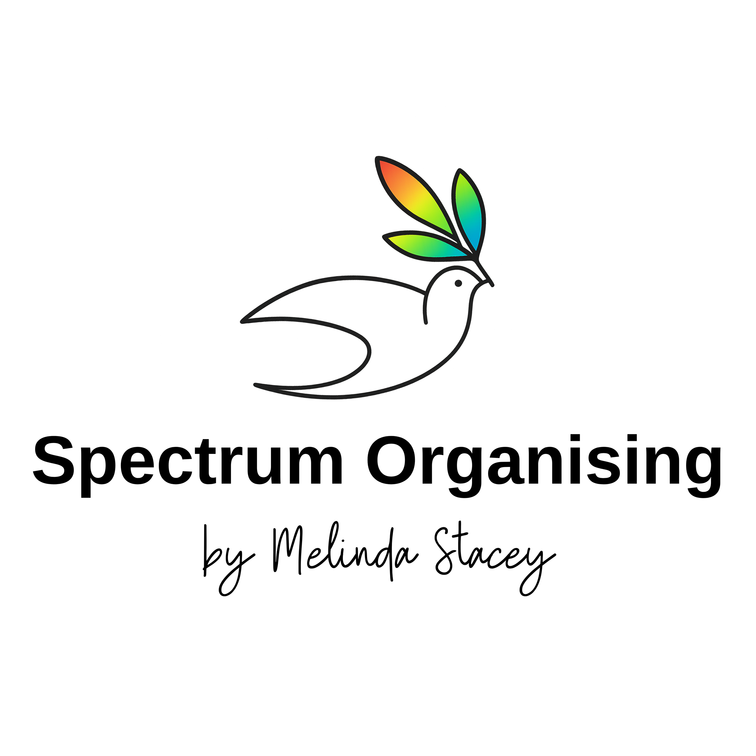 Black illustration of a logo with a bird carrying a stylized plant with rainbow-colored leaves.