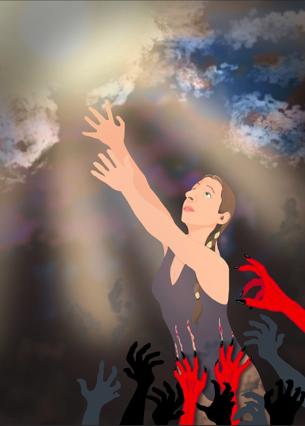 An animated woman with a braid reaches upward with her hands against a dark, cloudy sky. Several hands with long, dark, and red nails with black tips are reaching toward her from below.