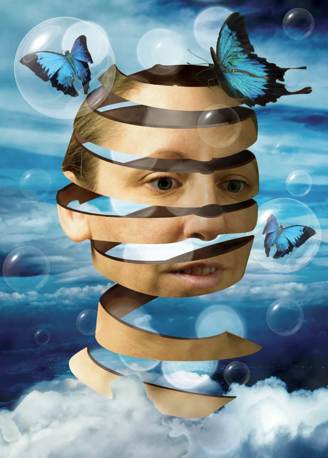 Surreal image of a woman's face with her features layered as though she is unraveling. Set against a cloudy blue sky background. Blue butterflies are around her face, and floating bubbles are present.