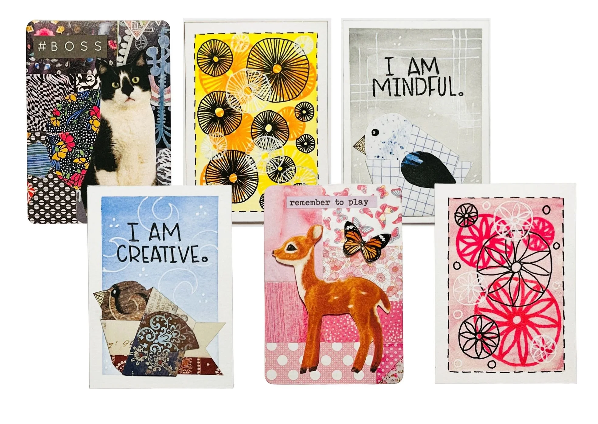 Collection of colorful illustrated Art Cards Editions & Originals (ACEOs), featuring animals, geometric patterns, and motivational messages.