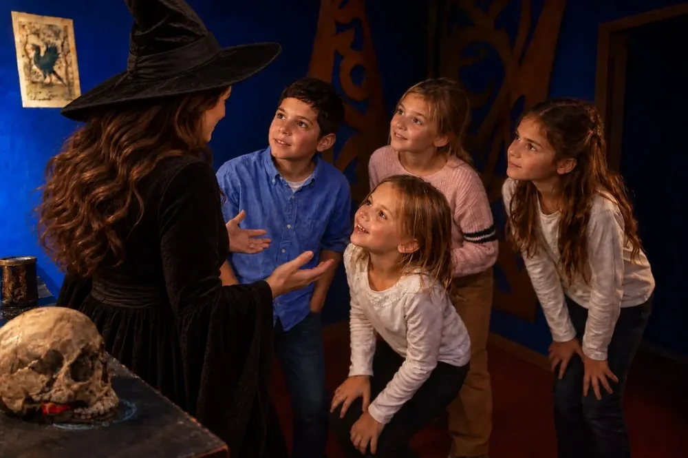 Games Master in character guiding a kids' birthday party through the Witchcraft and Wizardry escape room at Escape London