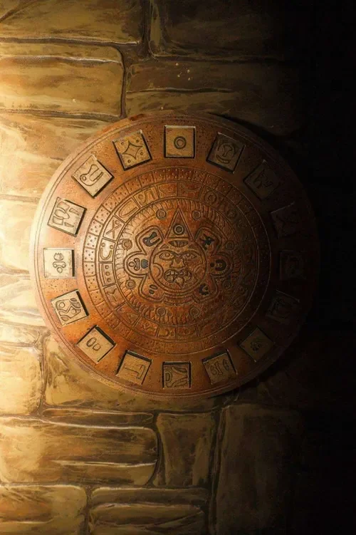 A carved Mayan calendar stone on the temple wall in Mayan Temple — Escape London Whitechapel