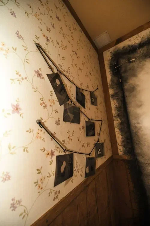 Clue photographs strung across the floral wallpaper in Things Are Strange — Escape London Hammersmith